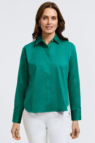 Straight on view of women wearing Pearl Stretch Matte Sateen Long Sleeve Shirt #color_emerald