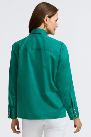Back view of women wearing the Pearl Stretch Matte Sateen Long Sleeve Shirt
#color_emerald