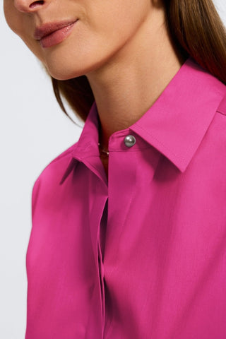 Angled close up view of pearl that sits right at the collar of the Pearl Stretch Matte Sateen Long Sleeve Shirt #color_pink tourmaline