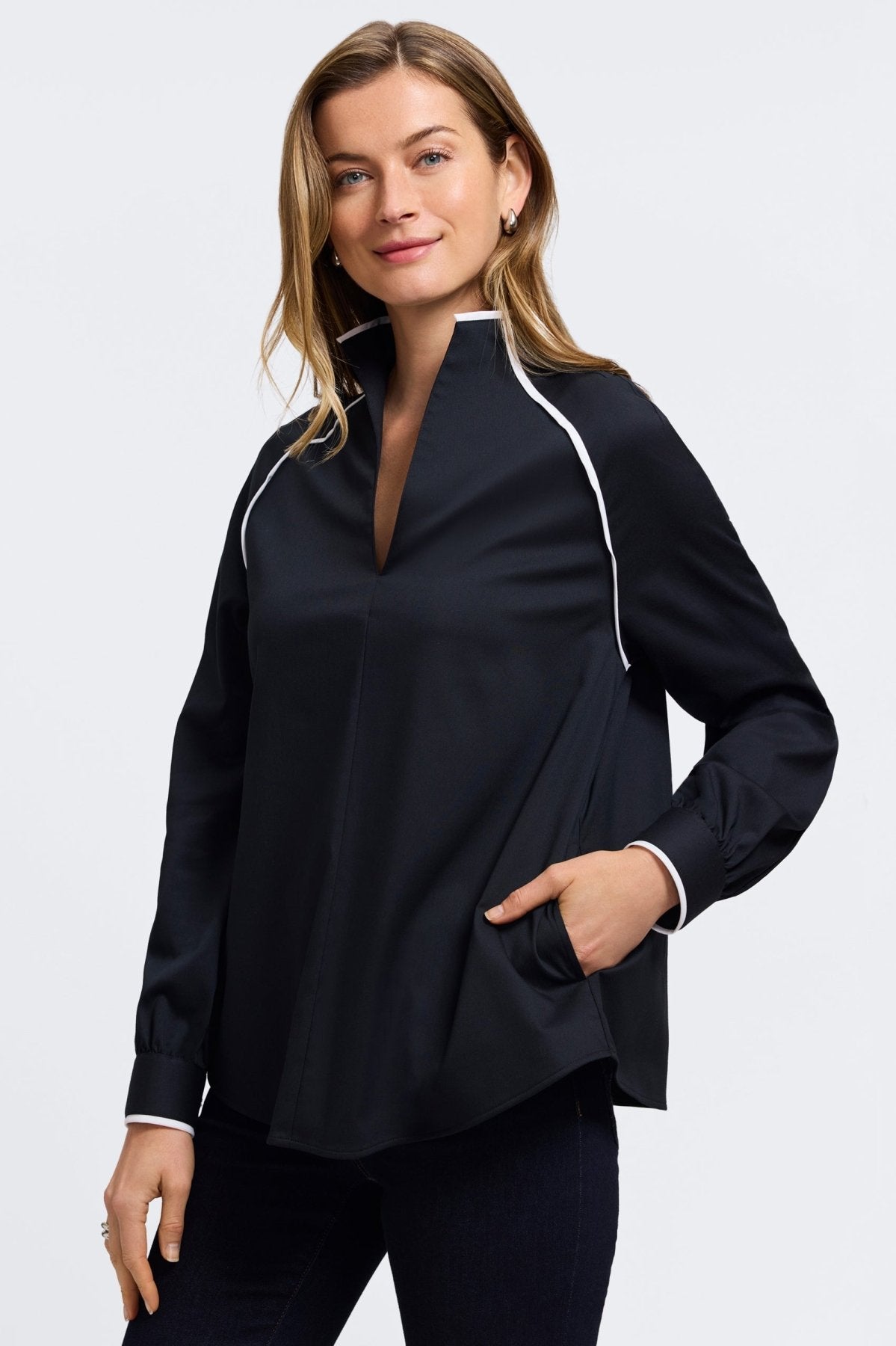 Daphne Stretch Matte Sateen Long Sleeve Popover Shirt