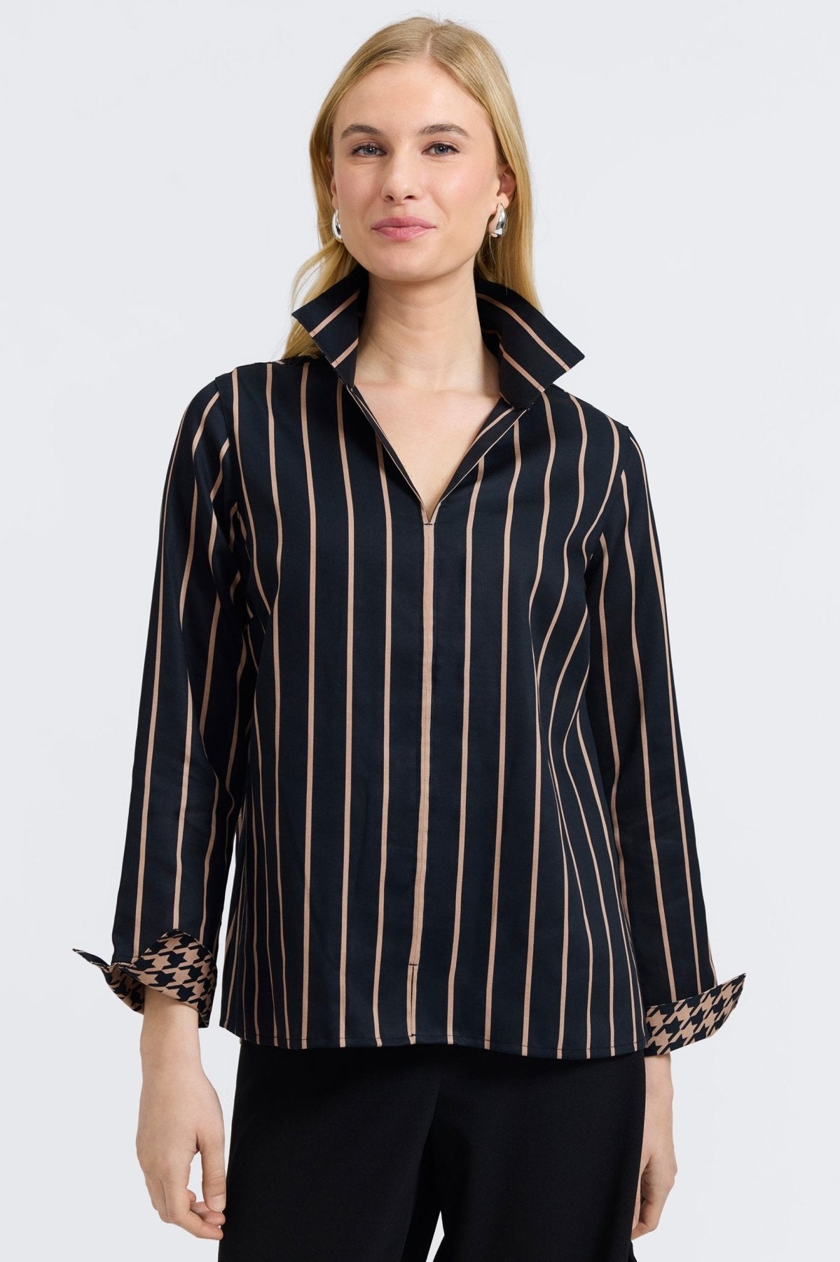 Agnes blouse featuring white and cobalt stripe pattern by Foxcroft