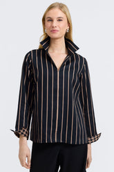 Agnes blouse featuring white and cobalt stripe pattern by Foxcroft