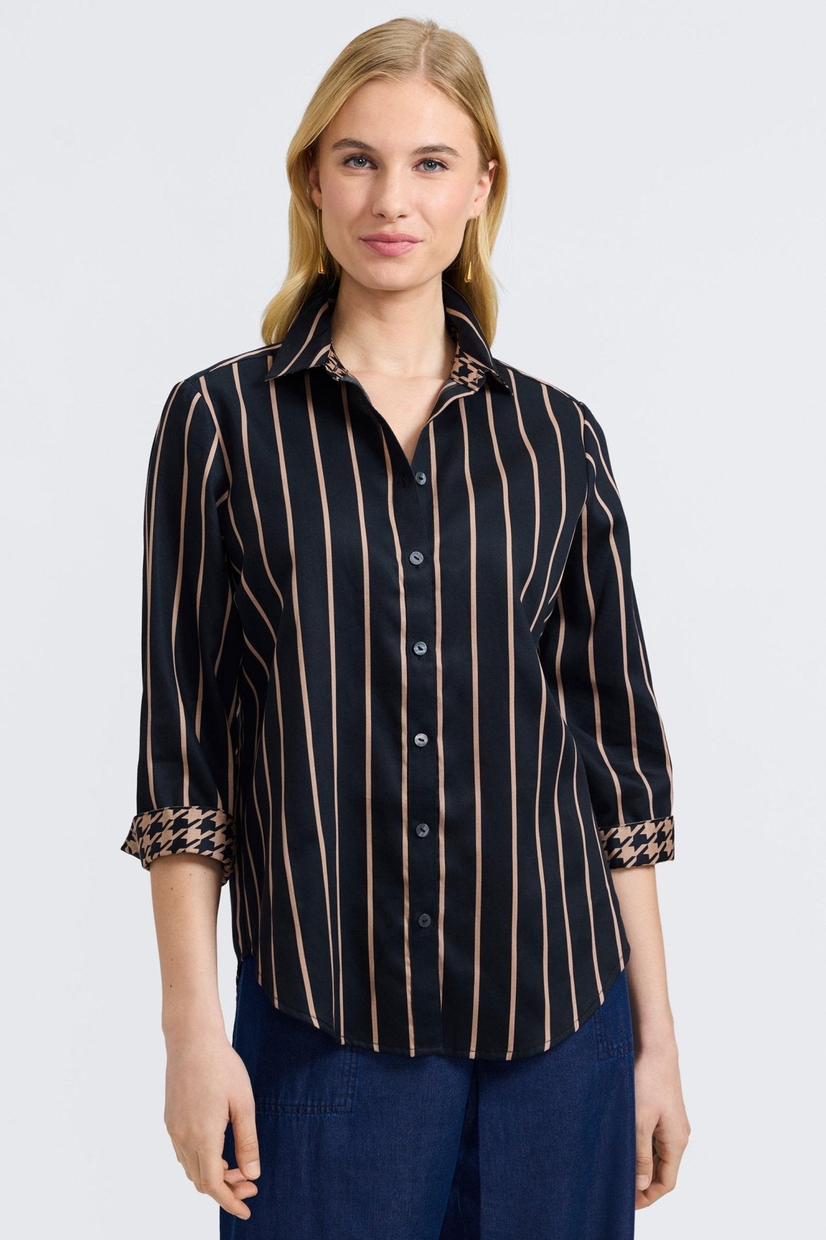 Margie Stripe & Houndstooth 3/4 Sleeve Shirt- Foxcroft