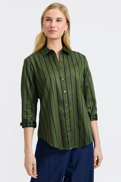 Margie Stripe & Houndstooth 3/4 Sleeve Shirt- Foxcroft