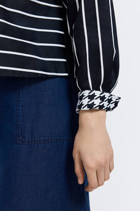 Marina Stripe & Houndstooth Long Sleeve Short Shirt