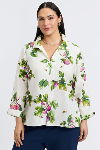 Woman in Foxcroft Agnes blouse in rich printed pattern with flattering silhouette