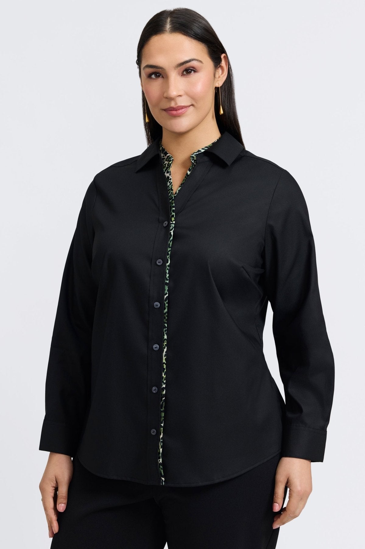 Marlee Plus Green Leopard Trim Long Sleeve Shirt