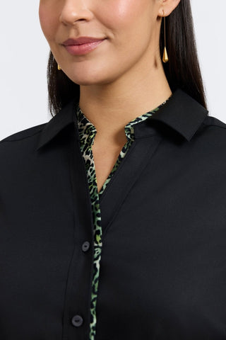 Marlee Plus Green Leopard Trim Long Sleeve Shirt