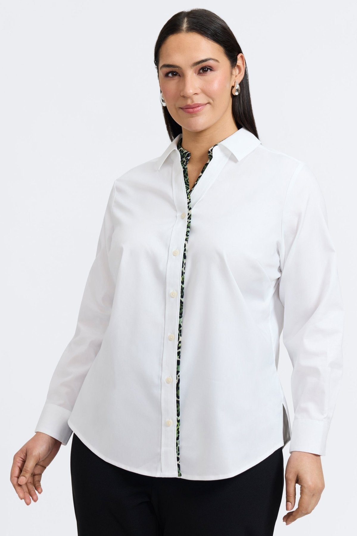 Marlee Plus Green Leopard Trim Long Sleeve Shirt