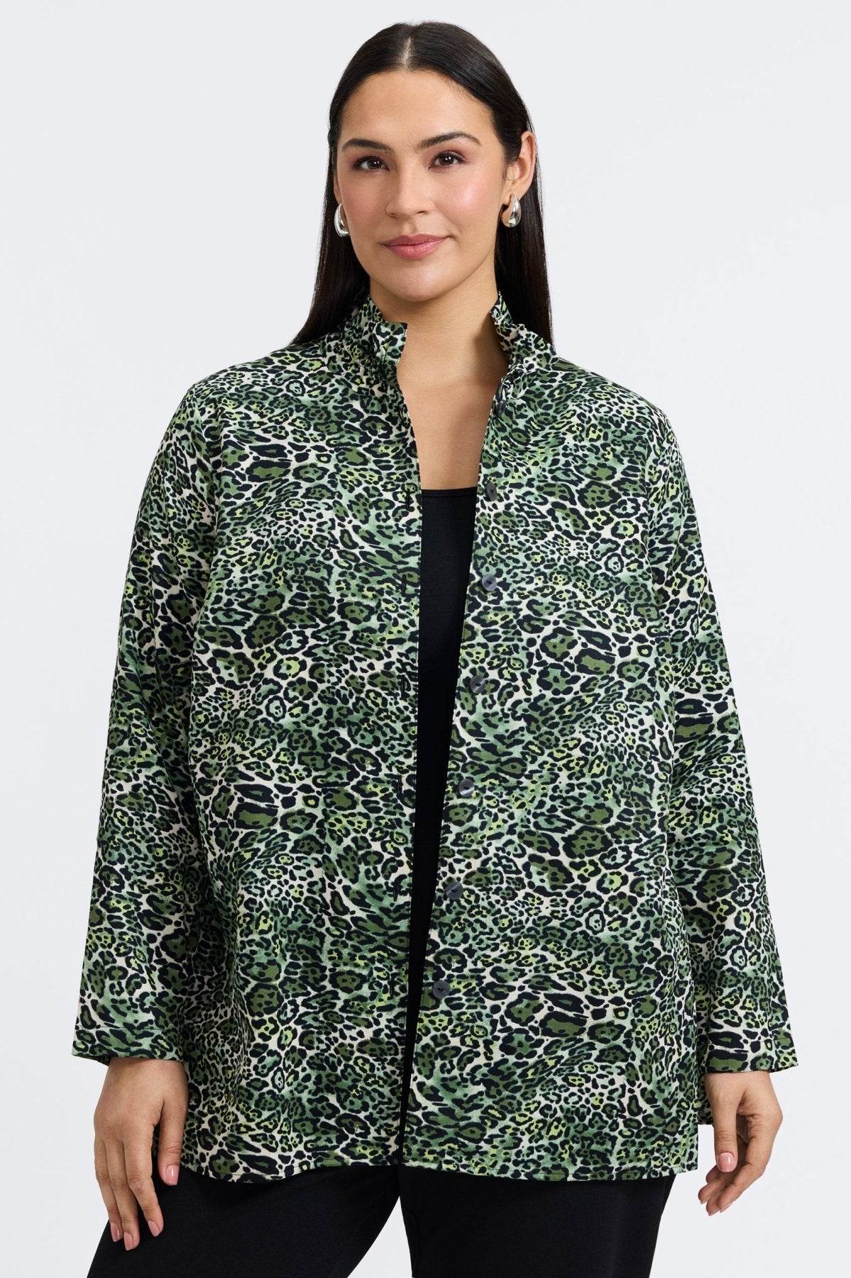 Carolina Plus Green Leopard Long Sleeve Shirt Jacket