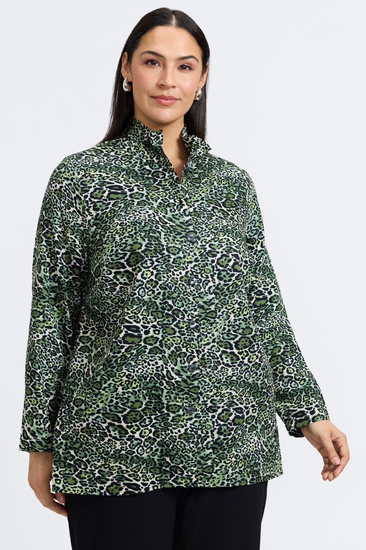 Carolina Plus Green Leopard Long Sleeve Shirt Jacket