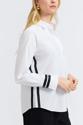 Side view of woman with bent arms wearing the  Brooke No Iron Pinpoint Long Sleeve Shirt #color_white