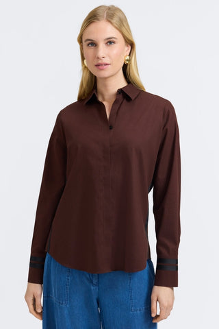 Front view of a woman wearing the  Brooke No Iron Pinpoint Long Sleeve Shirt #color_chicory coffee