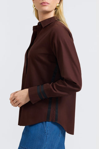 Side view of woman with bent arms wearing  Brooke No Iron Pinpoint Long Sleeve Shirt #color_chicory coffee