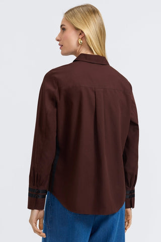 Back view of woman wearing the  Brooke No Iron Pinpoint Long Sleeve Shirt #color_chicory coffee