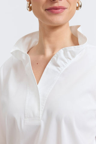 Close up view of the ruffled neckline on the Tammy No Iron Stretch Long Sleeve Popover Shirt #color_white