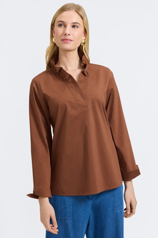 Front view of a woman wearing the Tammy No Iron Stretch Long Sleeve Popover Shirt #color_macchiato