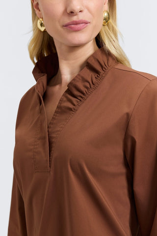 Angled close up of the ruffled neckline on the Tammy No Iron Stretch Long Sleeve Popover Shirt #color_macchiato