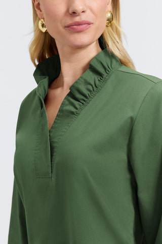 Angled close up of the ruffled collar on the Tammy No Iron Stretch Long Sleeve Popover Shirt #color_basil