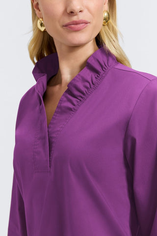Angled close up on the ruffled collar of the Tammy No Iron Stretch Long Sleeve Popover Shirt #color_fig