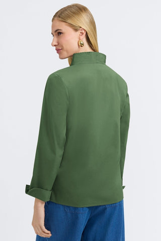 Back view of a woman wearing the Tammy No Iron Stretch Long Sleeve Popover Shirt #color_basil
