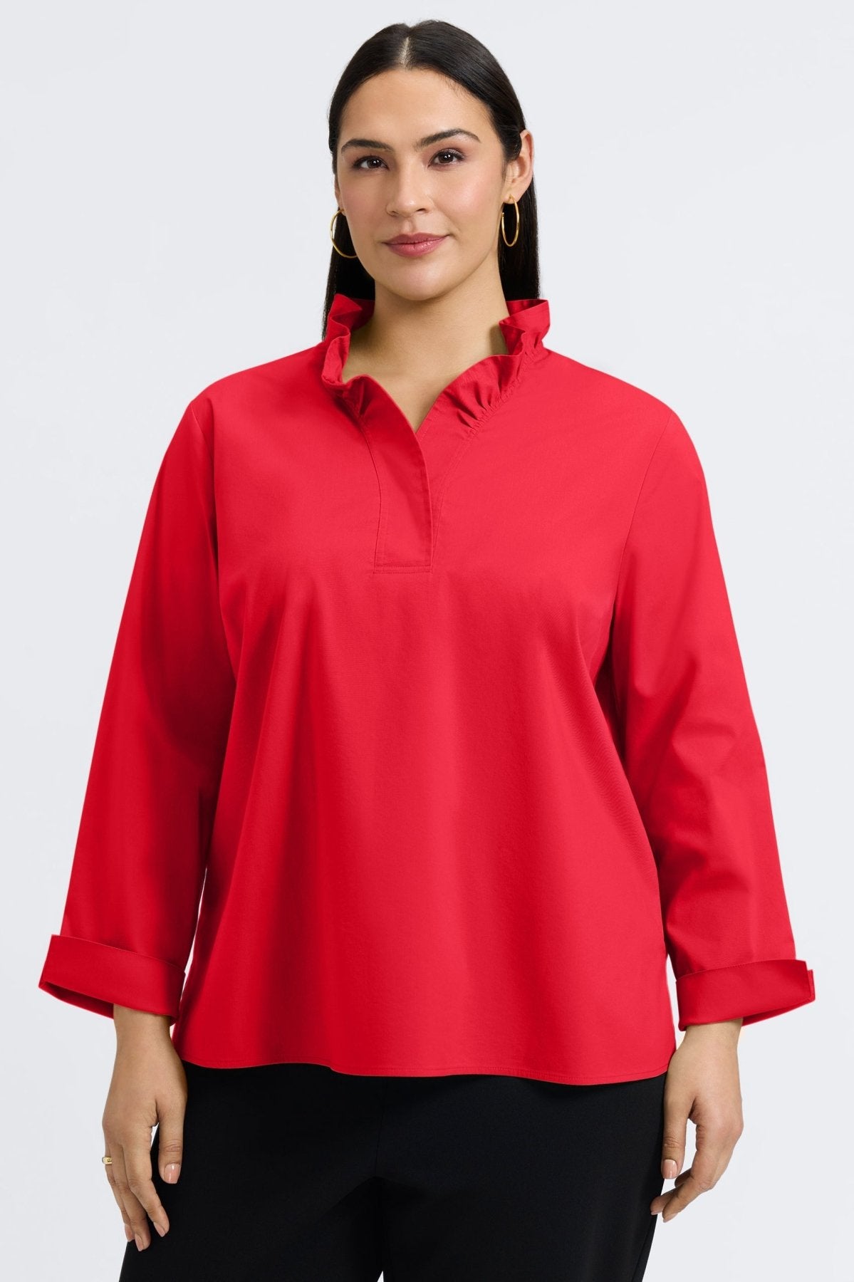 Plus-size woman in Foxcroft Tammy stretch shirt in vibrant simply red
