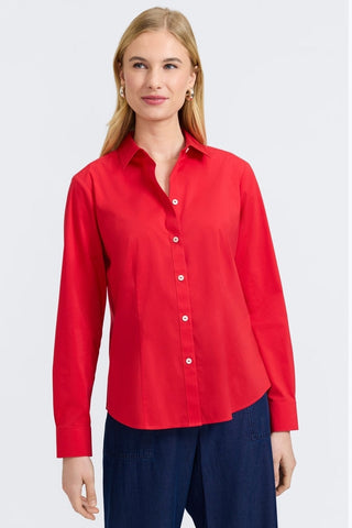 Front view of a woman wearing the June No Iron Stretch Long Sleeve Shirt #color_simply red