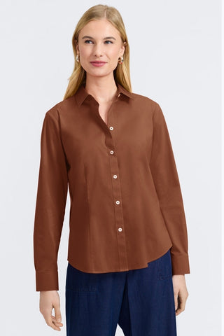 Front view of woman wearing the June No Iron Stretch Long Sleeve Shirt #color_macchiato