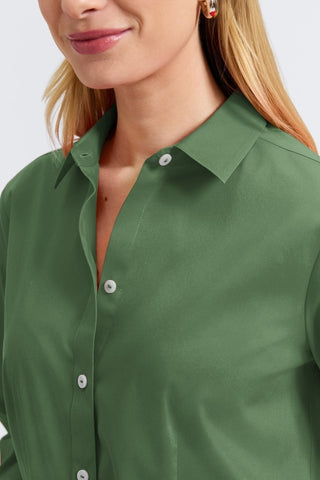 Angled zoomed in view of the collar and neckline of the June No Iron Stretch Long Sleeve Shirt #color_basil