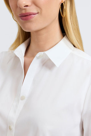 Angled zoomed in view of the collar and neckline of the June No Iron Stretch Long Sleeve Shirt #color_white