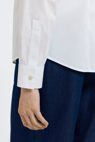 Back angled view of the sleeve and buttoned cuff of the June No Iron Stretch Long Sleeve Shirt #color_white