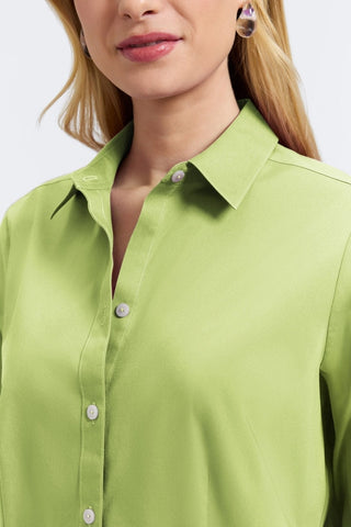 Close up front view of woman wearing the June No Iron Stretch Long Sleeve Shirt #color_celery
