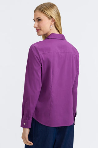 Angled back view of woman wearing the June No Iron Stretch Long Sleeve Shirt #color_fig