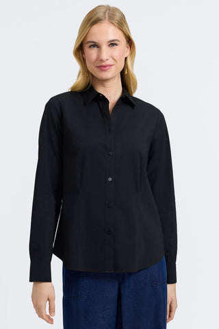 Front view of woman wearing the June No Iron Stretch Long Sleeve Shirt #color_black
