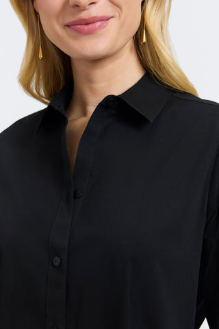 Zoomed in view of the collar and neckline of the June No Iron Stretch Long Sleeve Shirt #color_black