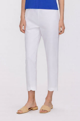 Front view of the scalloped cuff satin capris #color_white