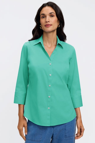 Front view of woman wearing the Mary No Iron Stretch 3/4 Sleeve Shirt #color_biscay green 