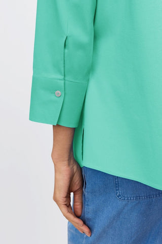 Zoomed in view on the 3/4 sleeve and shell buttoned cuff of the Mary No Iron Stretch 3/4 Sleeve Shirt #color_biscay green 
