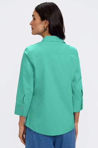 Back view of women wearing the Mary No Iron Stretch 3/4 Sleeve Shirt #color_biscay green 