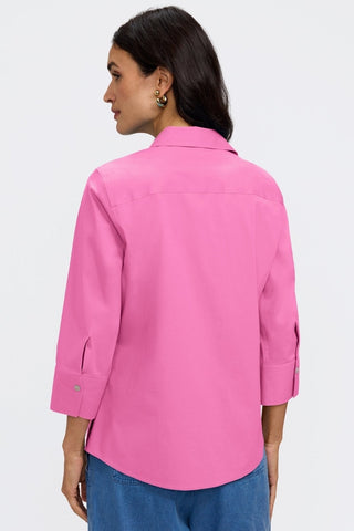 Back view of woman wearing the Mary No Iron Stretch 3/4 Sleeve Shirt #color_guava pink