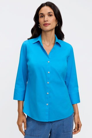 Front view of the Mary No Iron Stretch 3/4 Sleeve Shirt #color_malibu blue