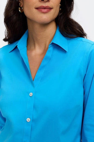 Zoomed in view of the collar and neckline of the Mary No Iron Stretch 3/4 Sleeve Shirt #color_malibu blue