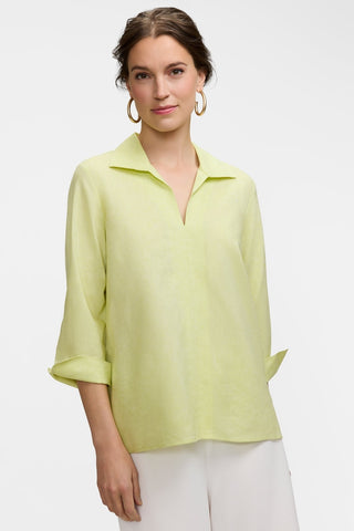Front view of a model wearing the Agnes Solid Linen Blend 3/4 Sleeve Shirt
#color_limoncello