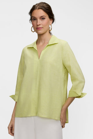 Angled front view of model wearing the Agnes Solid Linen Blend 3/4 Sleeve Shirt showing off it's relaxed shape 
#color_limoncello