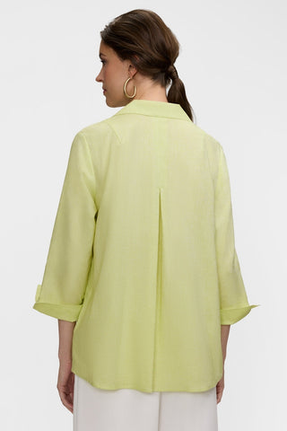 Back view of the Agnes Solid Linen Blend 3/4 Sleeve Shirt featuring the deep back pleat #color_limoncello