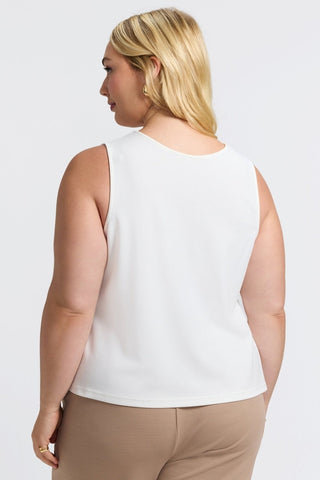 Back view of the Callie Plus Knit Crepe Reversible Sleeveless Tank featuring the scoop neckline on the back #color_ecru