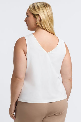 Back view of the Callie Plus Knit Crepe Reversible Sleeveless Tank showing off the v-neck on the back style #color_ecru