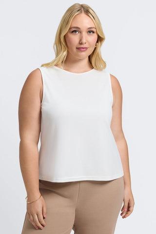 Front view of the scoop neckline of the Callie Plus Knit Crepe Reversible Sleeveless Tank #color_ecru