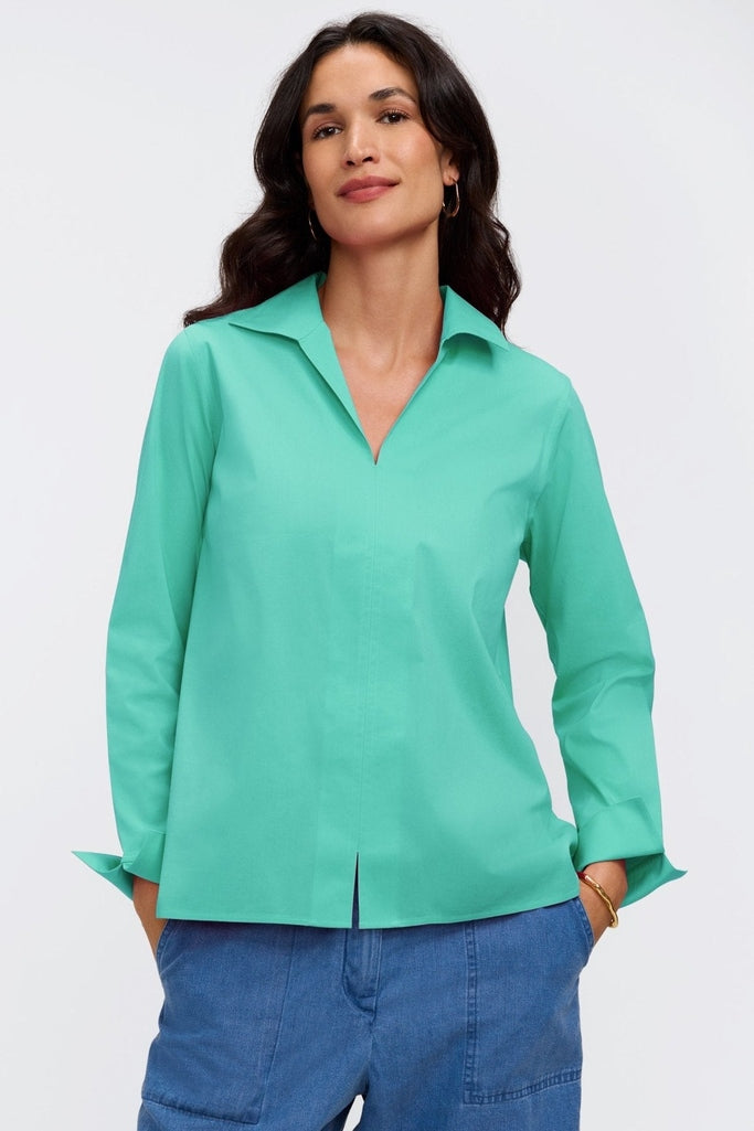 Agnes no iron stretch long sleeve popover shirt in #color_biscay green