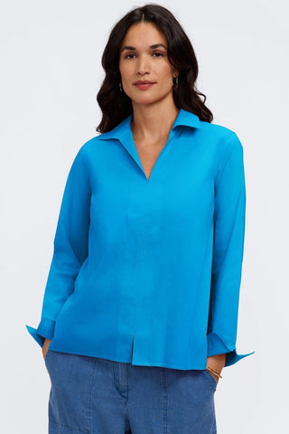 Agnes no iron stretch long sleeve popover shirt in #color_malibu blue